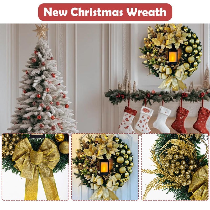Pre-lit Christmas Wreath with Lights – 15.76" Pvc Door Crown With Red Florals, Led Flame-effect Lights & Bow, Battery-powered, Safe for Indoor/outdoor Use (Golden) - Image 2